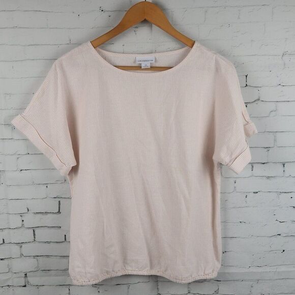 LIZ CLAIBORNE PEACH & WHITE STRIPE ROUND NECK SHORT SLEEVE LINEN COTTON TOP XS - Picture 1 of 7